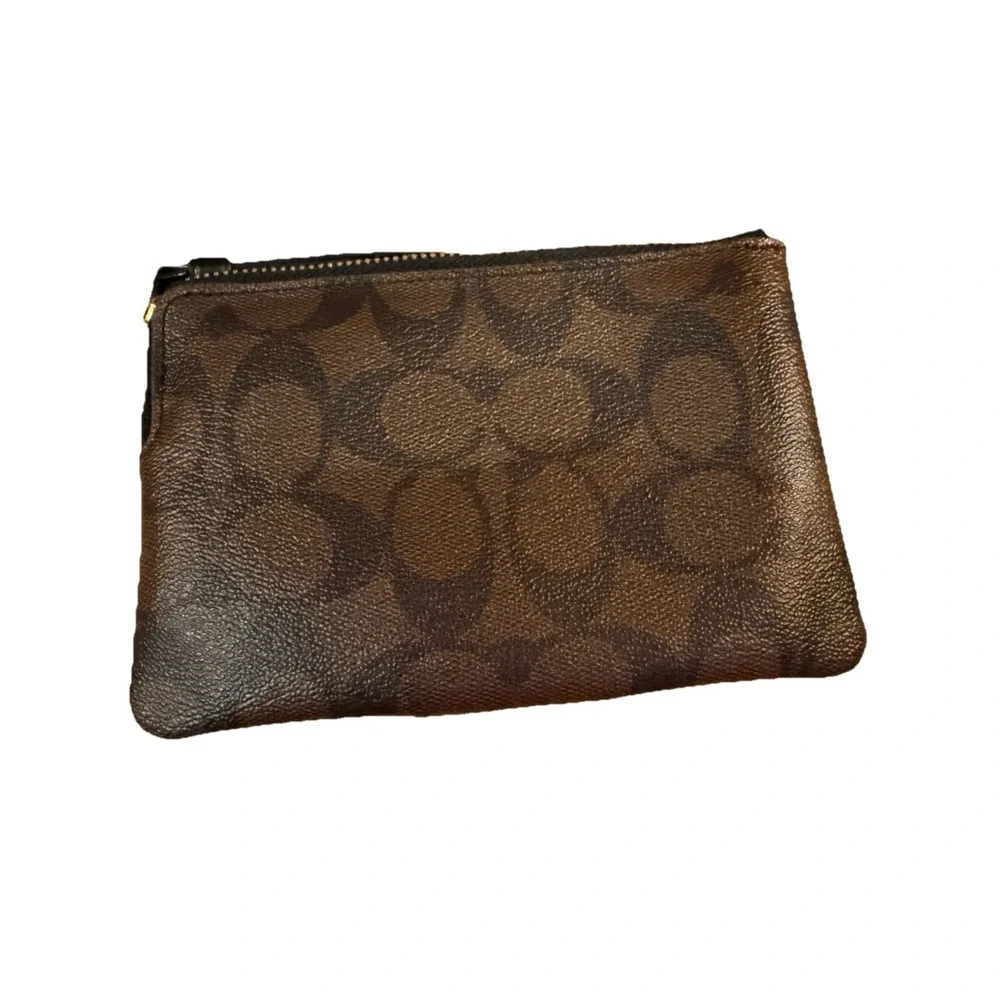 Coach Brown Stripe Logo Wristlet Wallet Corner Zip Coated Canvas‎ Leather